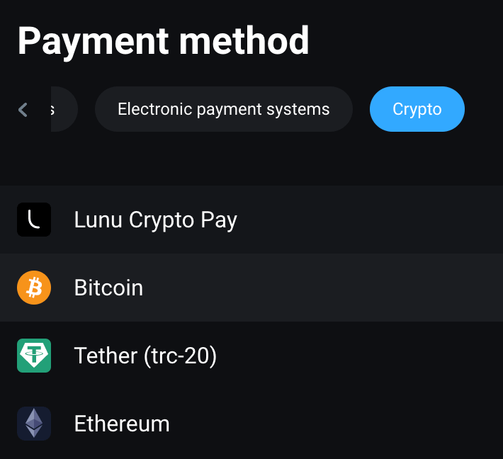 Депозит Olymptrade через Crypto: Bitcoin, ETH, USDT, Lunu